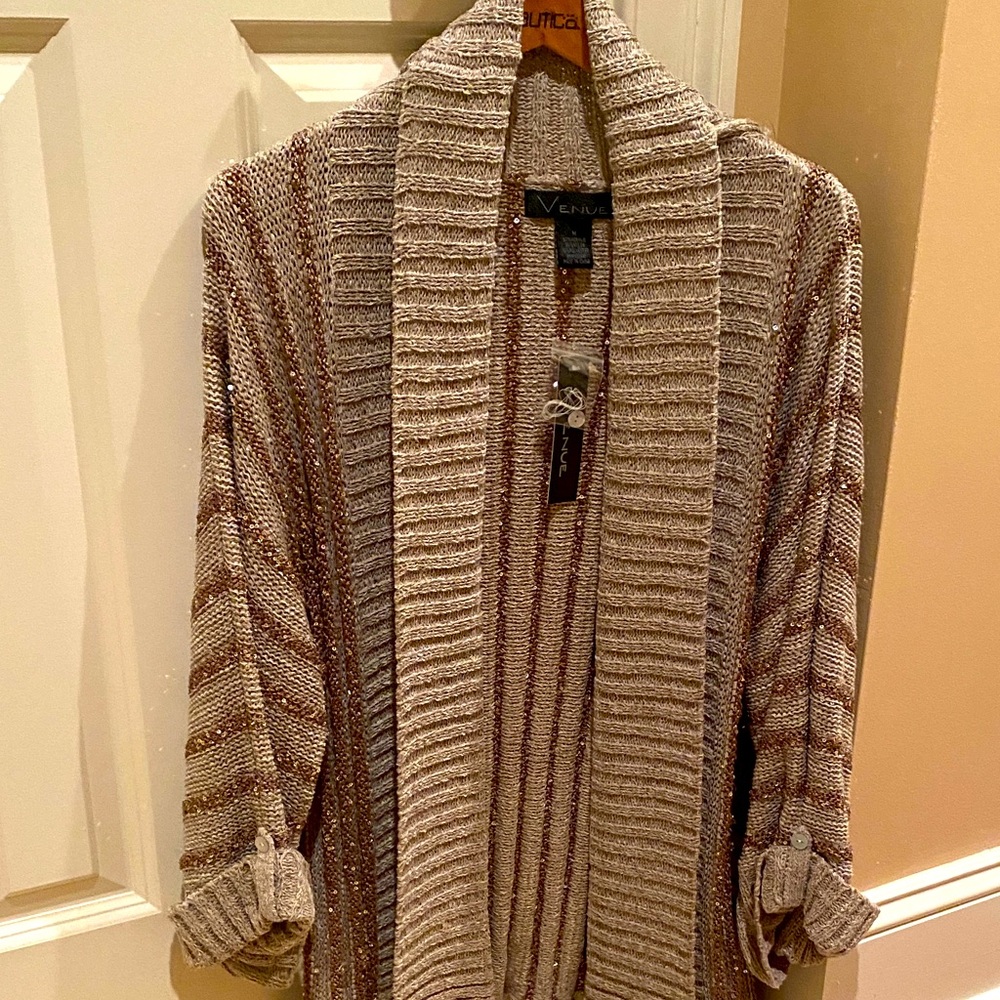 Avenue Tan and Cream Cardigan Sweater